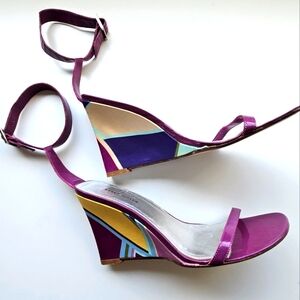 Karen Millen Purple Patent Satin Colorblock Wedge Heel Sandals